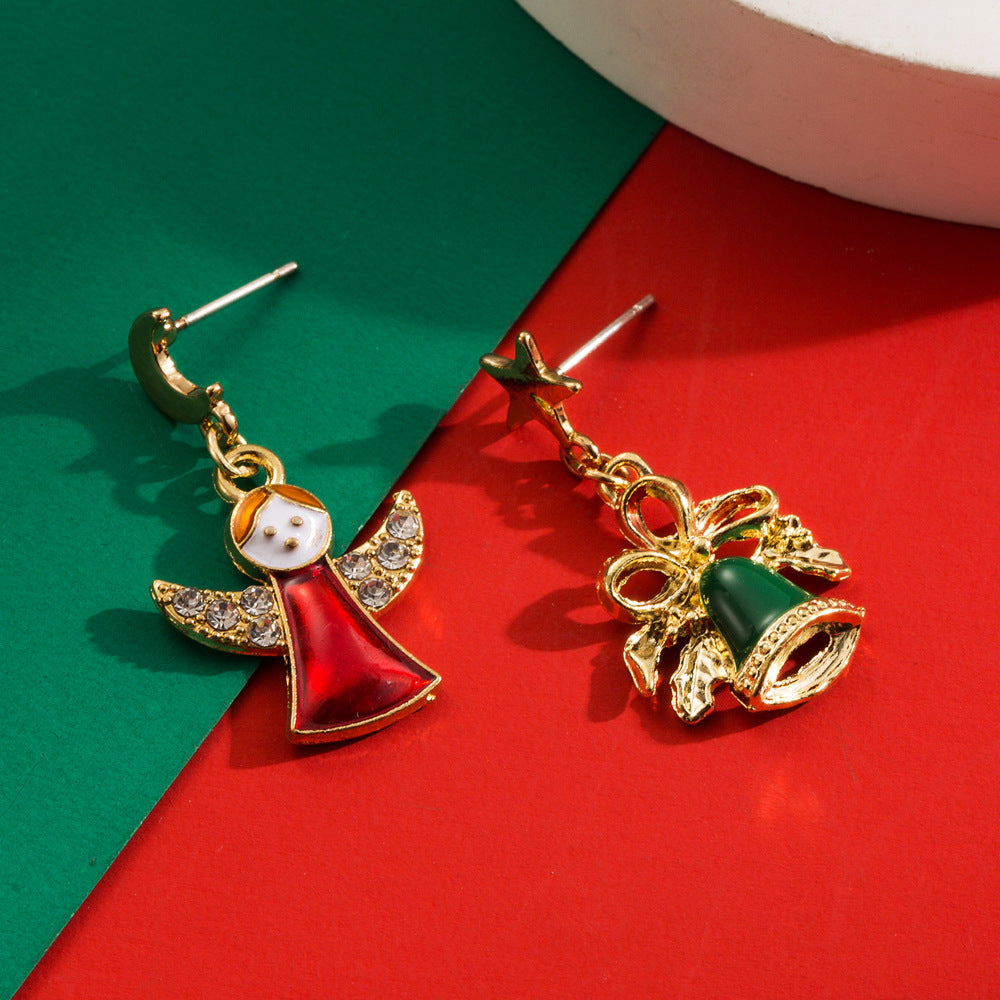 Wholesale Christmas S925 Silver Needle Personality Angel Bell Asymmetrical Oil Drop Earrings