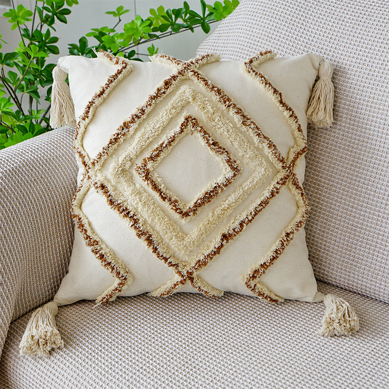 Wholesale Canvas Diamond Bohemian Tufted Fringed Throw Pillow Cover