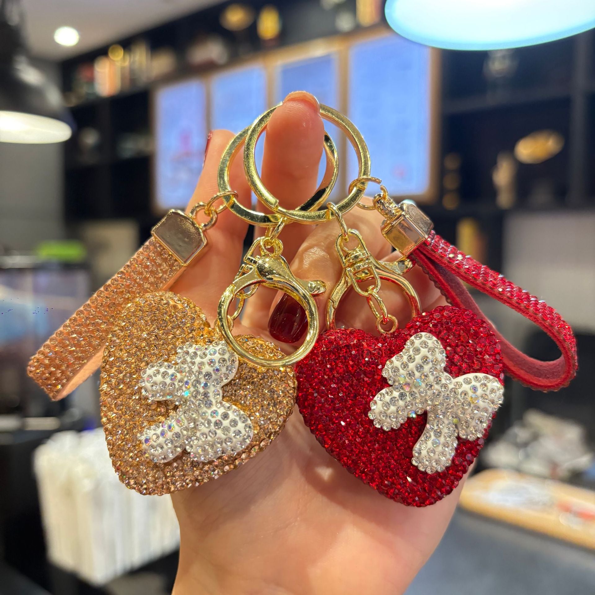 Wholesale Full rhinestone heart-studded bow keychain