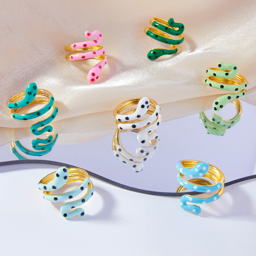 Wholesale Bohemian style color oil drop snake copper ring ins sweet cool hot girl open finger ring color retention in stock supply