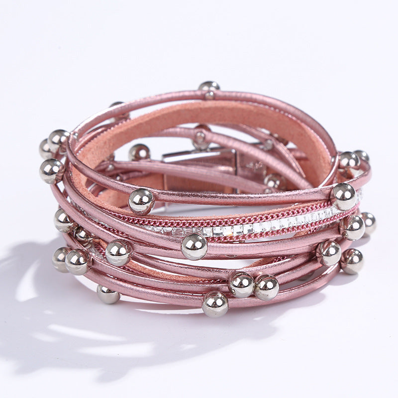 Wholesale Geometric Asymmetrical Inlaid Pearl Multi-Layered Leather Adjustable Bracelet