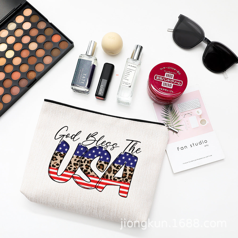 Wholesale Independence Day Waterproof Linen Cosmetic Bag