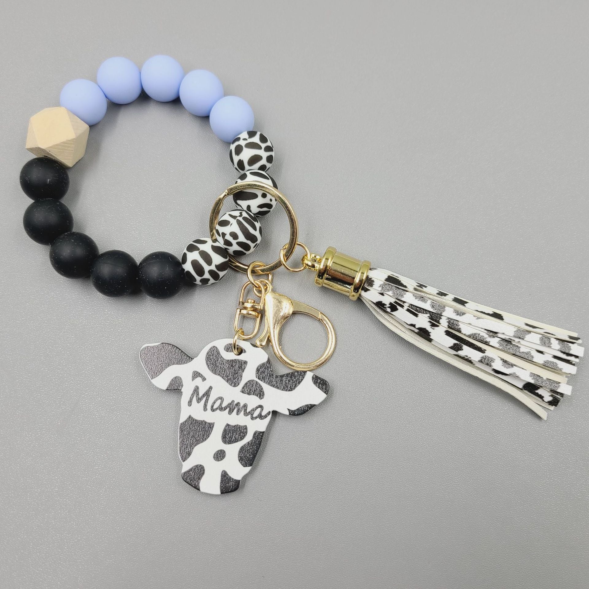 Wholesale Western Style Wood Chips MAMA Bull Head Silicone Beads Bracelet Keychain