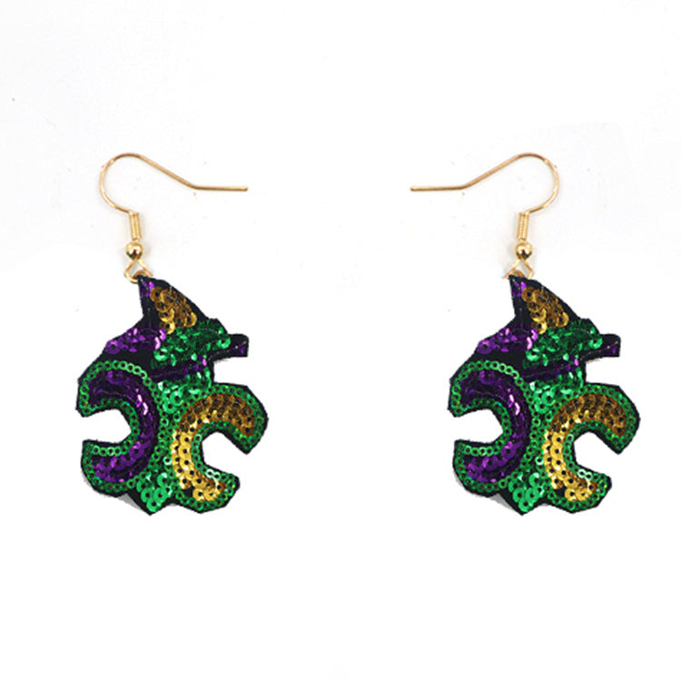 Wholesale Carnival Sequin Gold Purple Green Feather Accessories Earrings