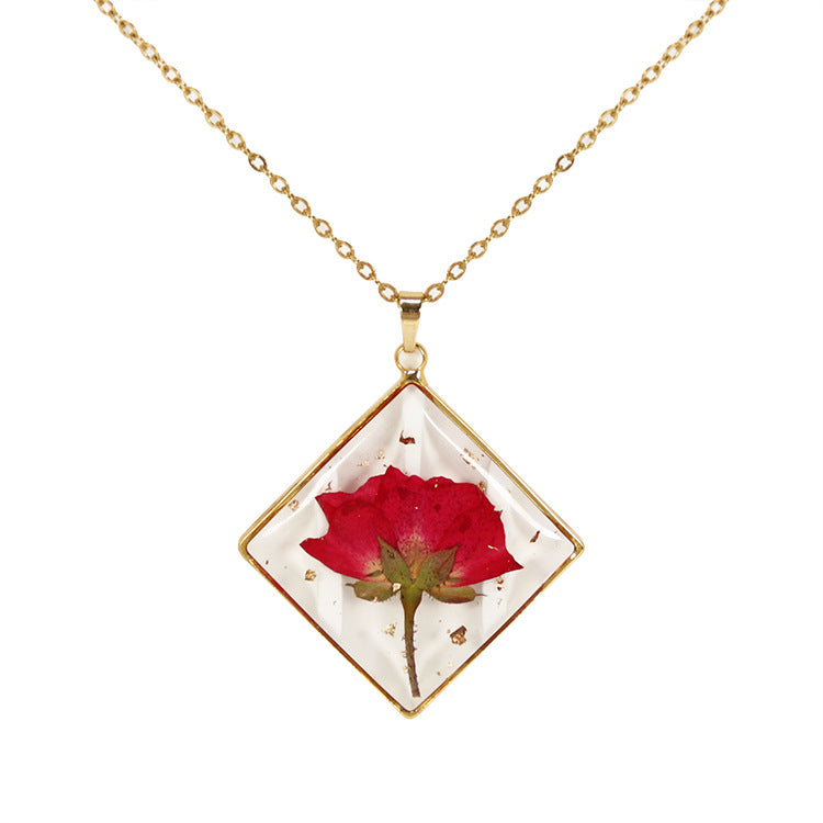 Wholesale 6pcs Golden Dried Rose Immortal Flower Real Flower Simple Pendant Drip Resin Necklace