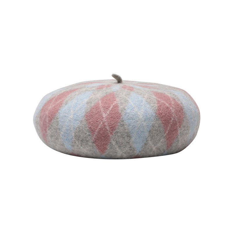 Wholesale Autumn and Winter Warm Thickened Plaid Contrast Wool Beret