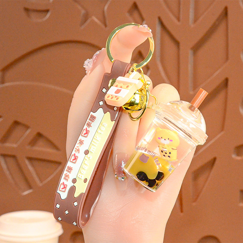 Wholesale bubble tea keychain floating small bear liquid quicksand pendant