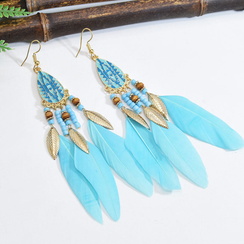 Wholesale Retro Pattern Long Rice Bead Tassel Earrings