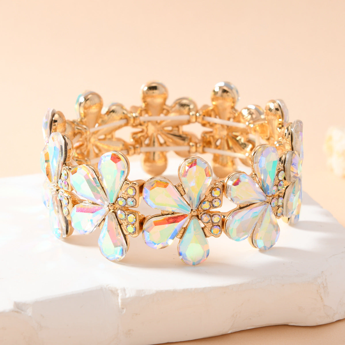 Wholesale Women S Elastic Stretch Bracelet With Golden White Glass Flower Gold Plated Zinc Alloy Dance Performance Party Jewelry Accessory Fashion Gift