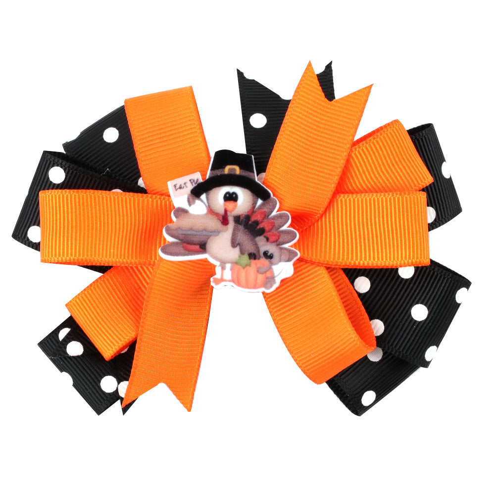 Wholesale 10pcs/pack Thanksgiving Children' s Bow Hairpin Point Small Turkey Accessories Headwear Rowan Ribbon