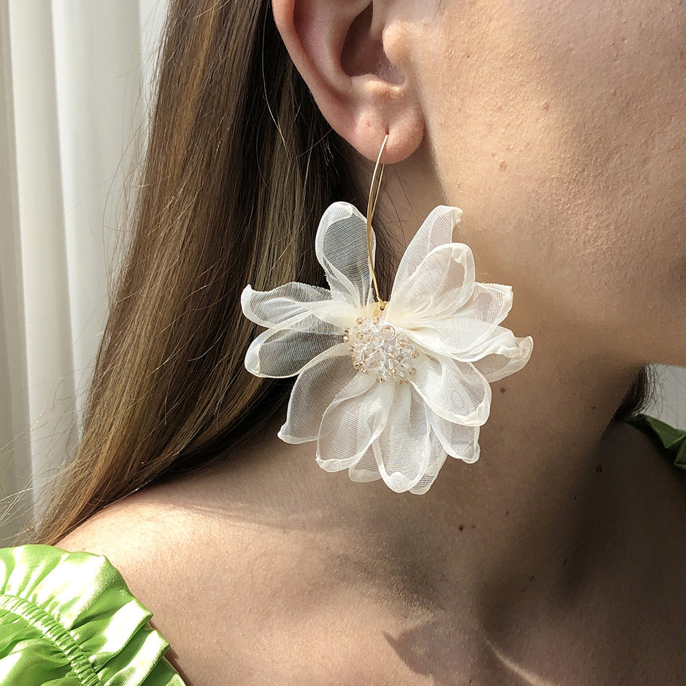 Wholesale Fabric Large Petal Flower Earrings