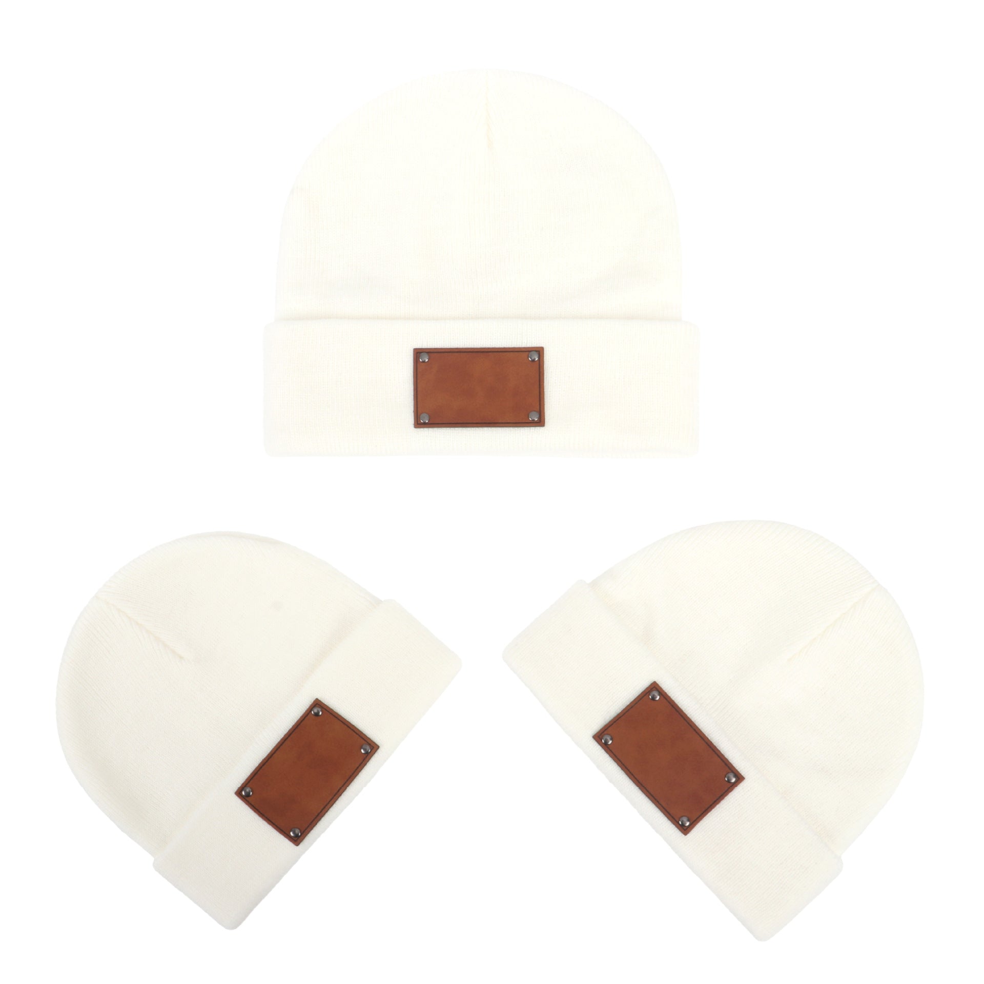 Wholesale Fashion Retro Infant and Toddler Children Blank Engravable Leather Label Knitted Warm Pullover Beanie