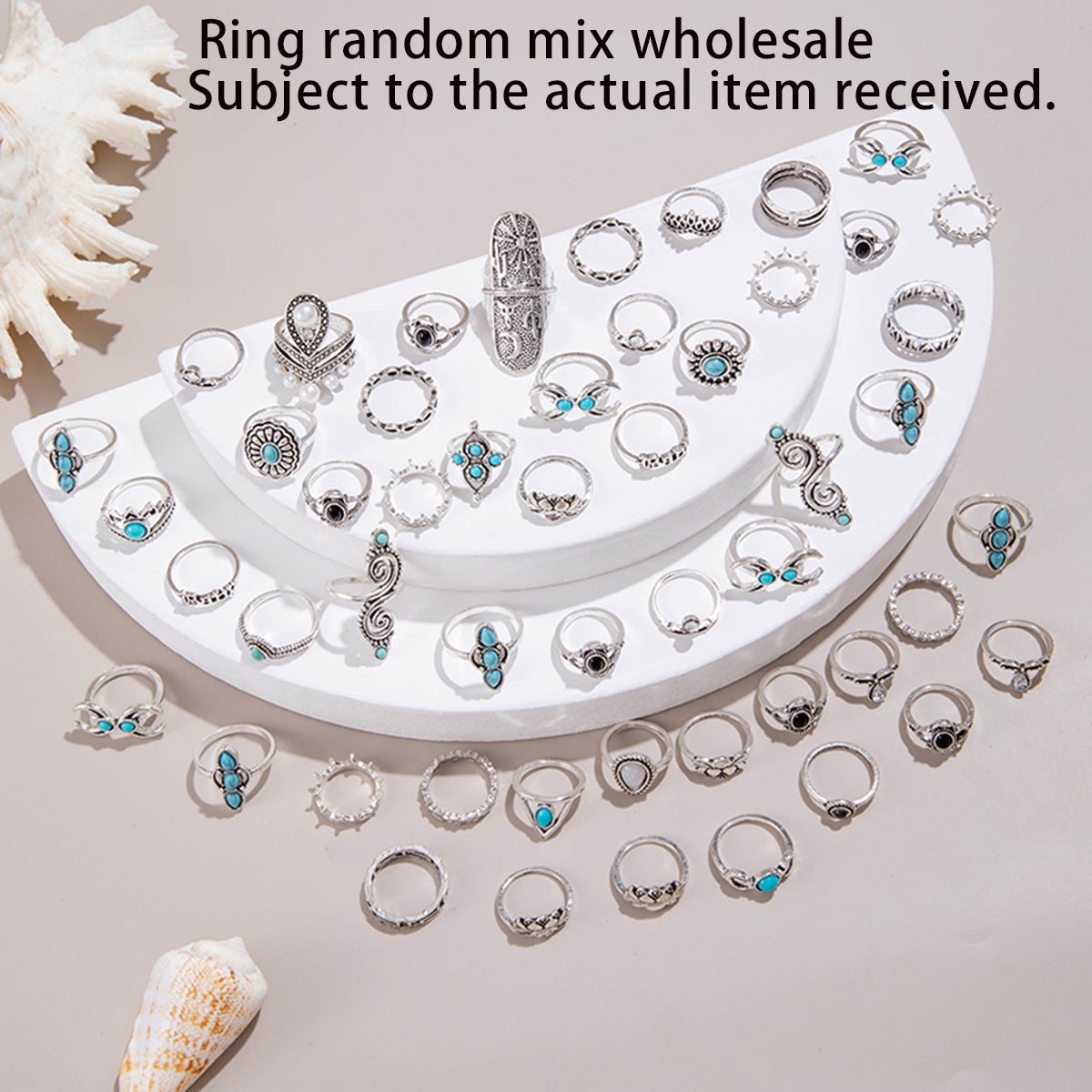 Wholesale Ethnic Turquoise Cactus Flower Ring Retro Geometric Lace Mixed Batch Set Pattern Random