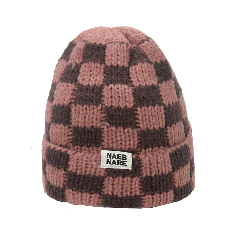 Wholesale Popular Niche Large Head Circumference Wool Thick Warm Checkerboard Plaid Knitted Hat