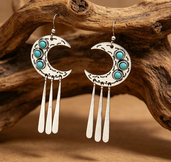 Wholesale Alloy Silver Crescent Turquoise Tassel Earrings Western Retro Boho Chic Jewelry Accessory For Party Gift