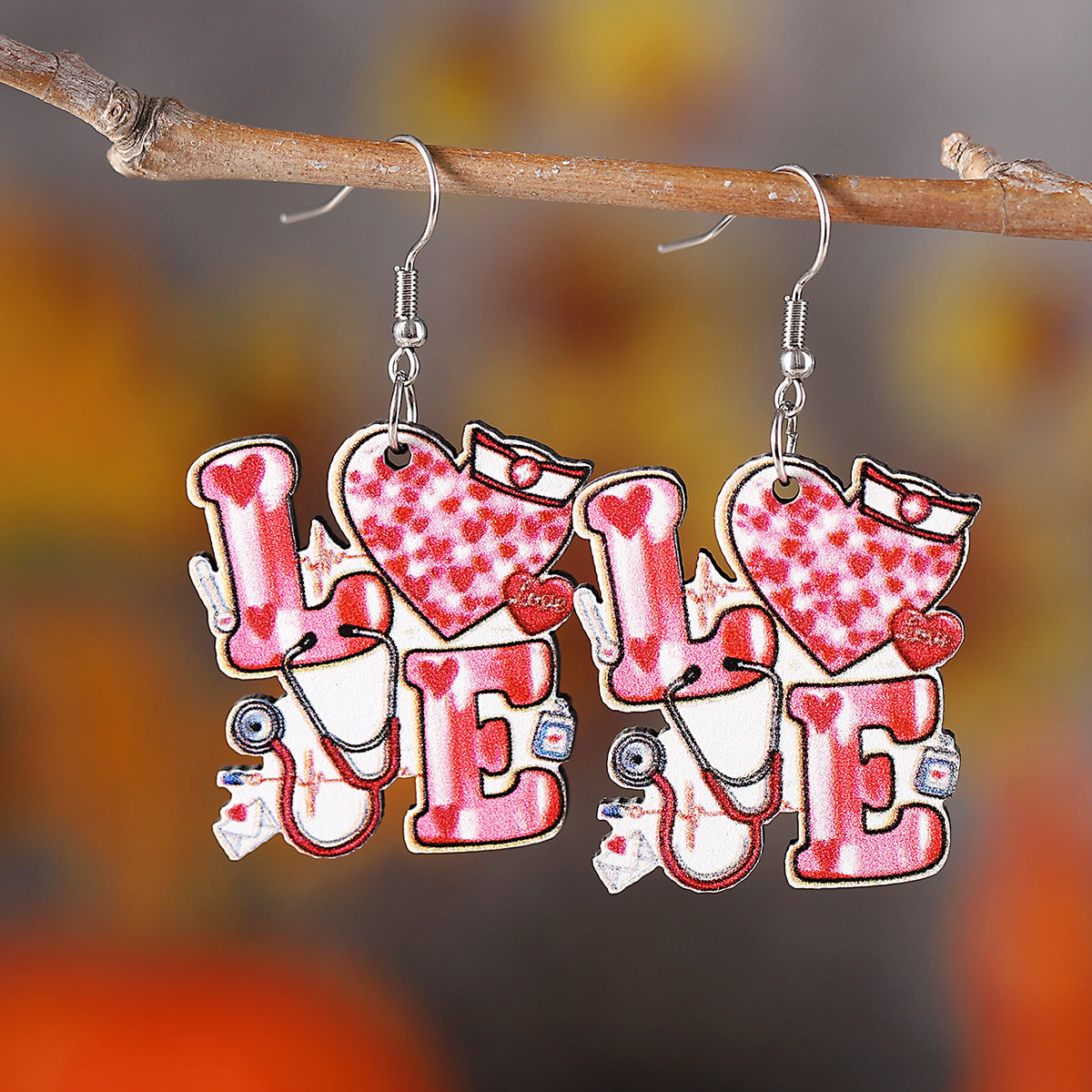 Wholesale Pink Love Nurse Hat Stethoscope Bow Pendant Wooden Earrings