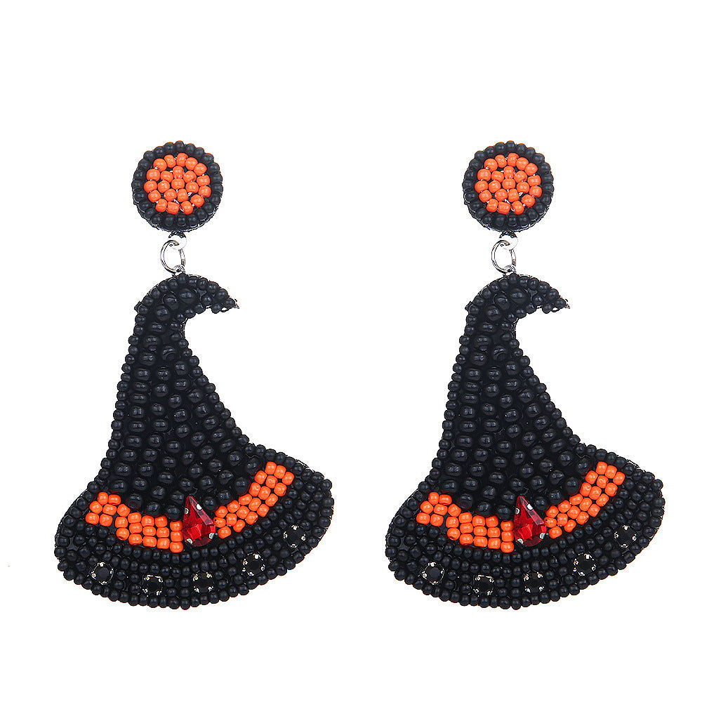 Wholesale Halloween Vintage Witch Hat Black Cat Demon Pumpkin Bat Beaded Earrings