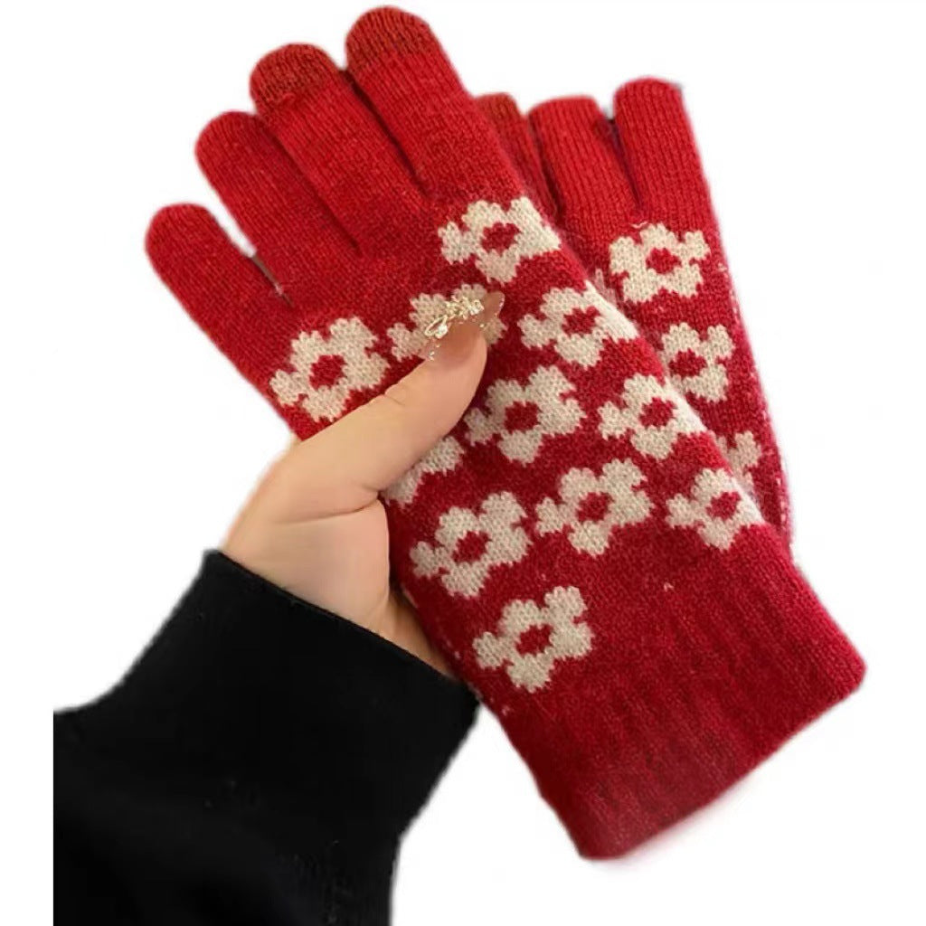 Wholesale All-match Red Knitted Five-finger Thick Warm Cycling Writing Touch Screen Wool Gloves
