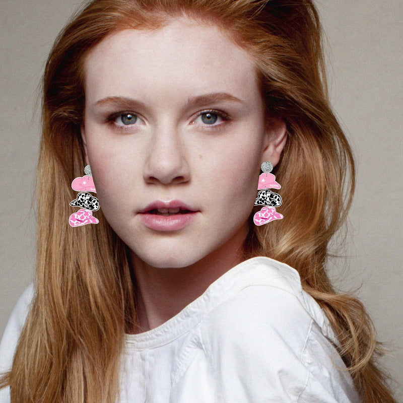 Wholesale Valentine's Day Cowboy Pink Hat Boots Disco Ball Acrylic Earrings