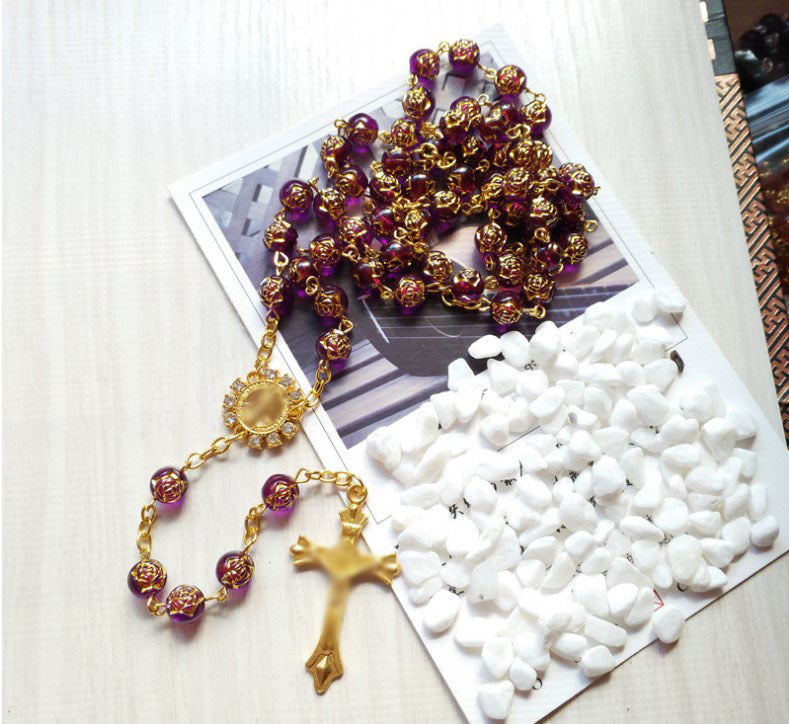 Wholesale Hand-strung Long Sweater Chain with Blue Gilt Rose Beads