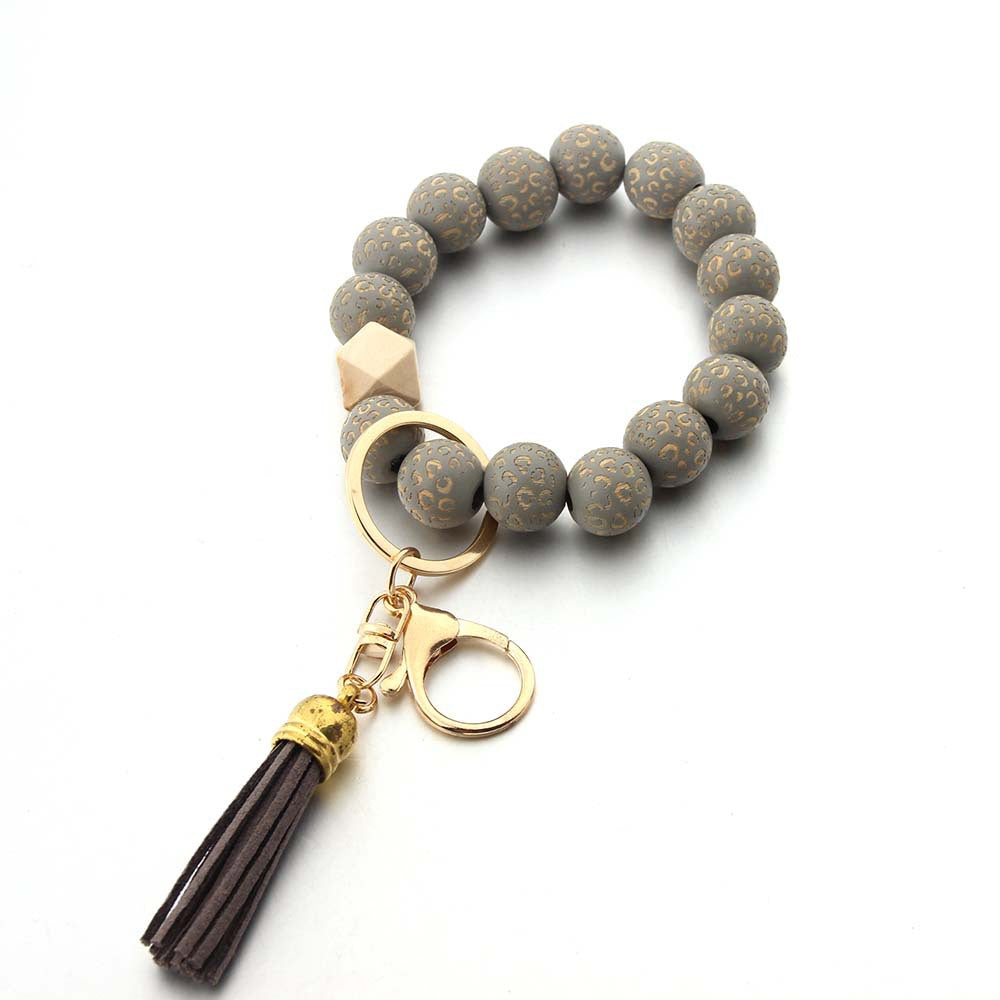 Wholesale Carved Printed Solid Wood Bead Bracelet Keychain