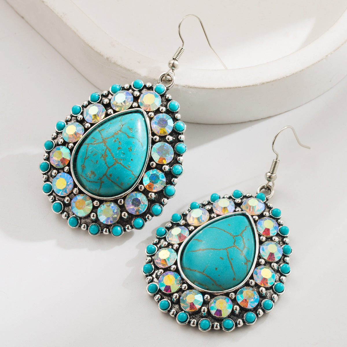 Wholesale white turquoise earrings retro exaggerated rhinestone leopard leather earrings