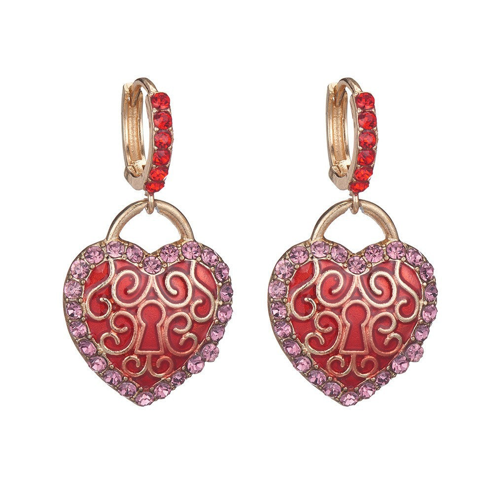Wholesale Valentine's Day Red Diamond Studded Heart-shaped Alloy Earrings