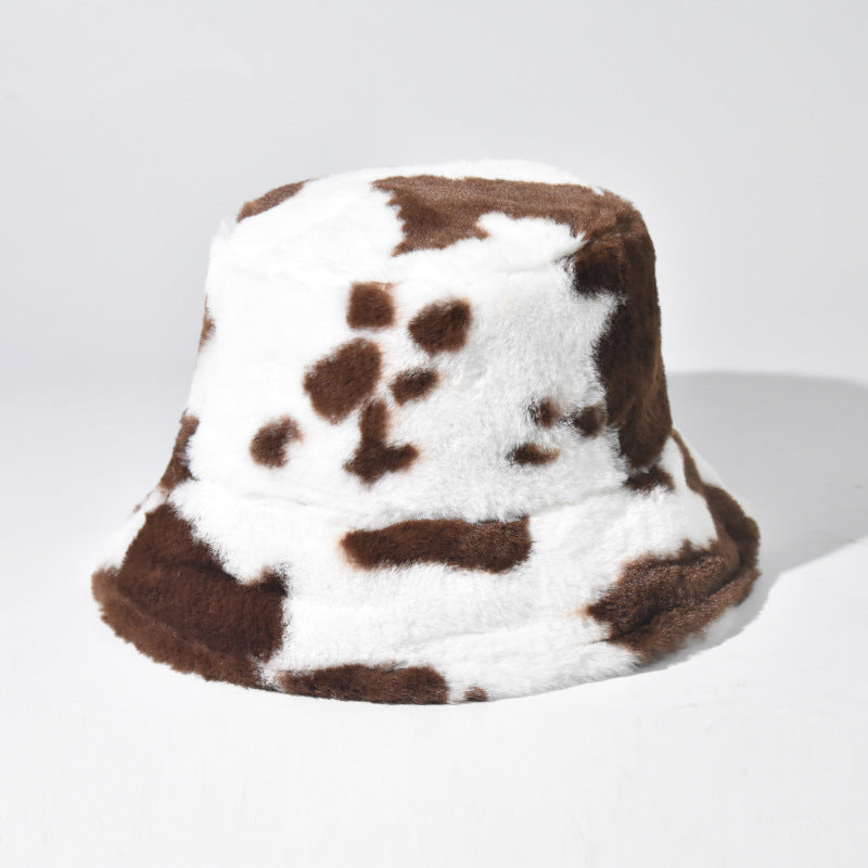 Wholesale Black and White Cow Pattern Plush Bucket Hat