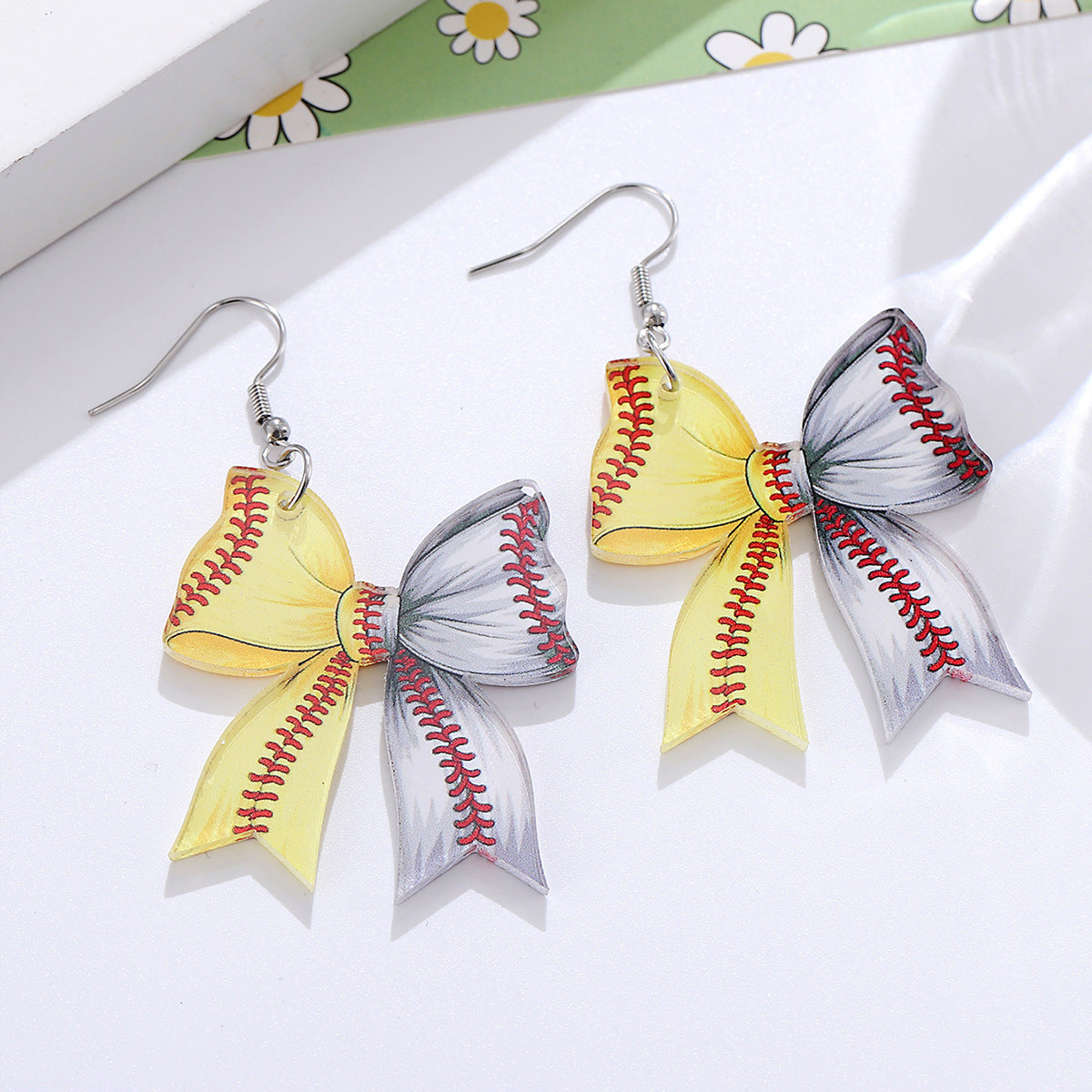 Wholesale New Sports Style Yellow and White Baseball Softball Bow Pendant Earrings Acrylic Earrings Gift