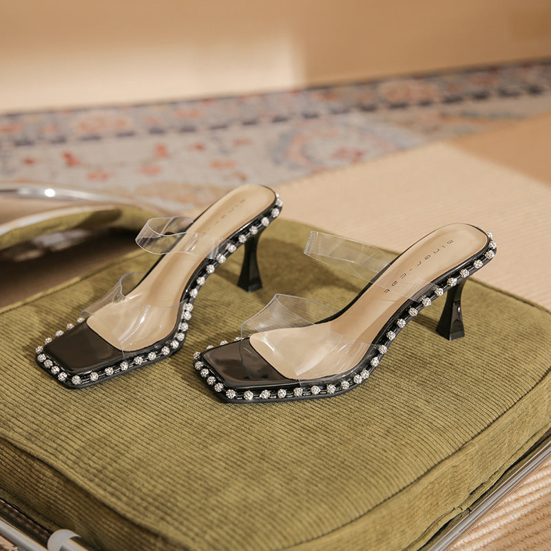 Wholesale square head slippers women's summer wear transparent one-word high-heeled sandals