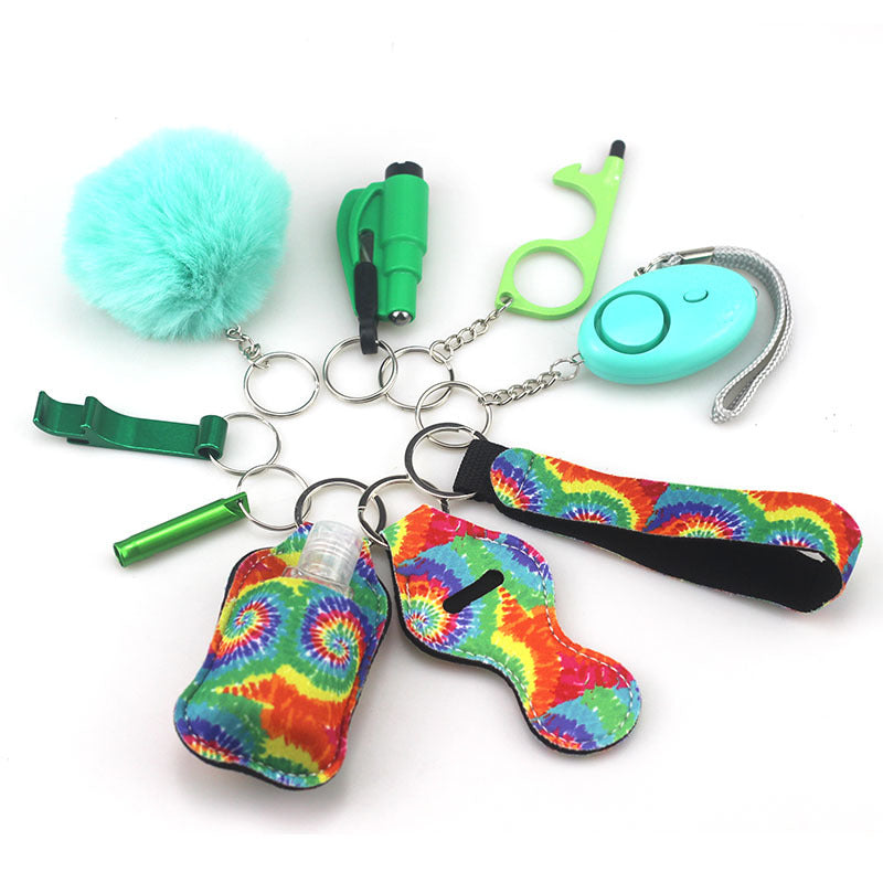 Wholesale Bottle Opener Whistling Hand Sanitizer Leather Case Wool Ball Key Chain Set
