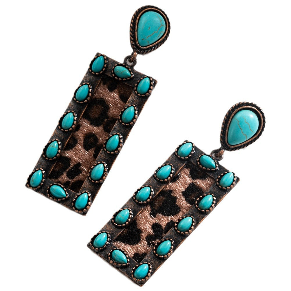 Wholesale Exaggerated Vintage Oval Turquoise Hollow Leopard Leather Earrings
