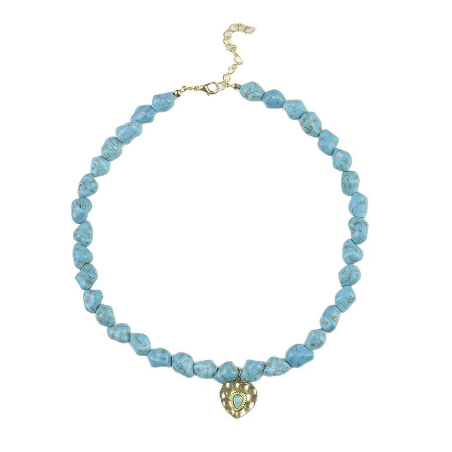 Wholesale Bohemian Turquoise Bead Necklace With Heart Pendant Zinc Alloy Electroplated Trendy Party Jewelry For Women Boutique Resale