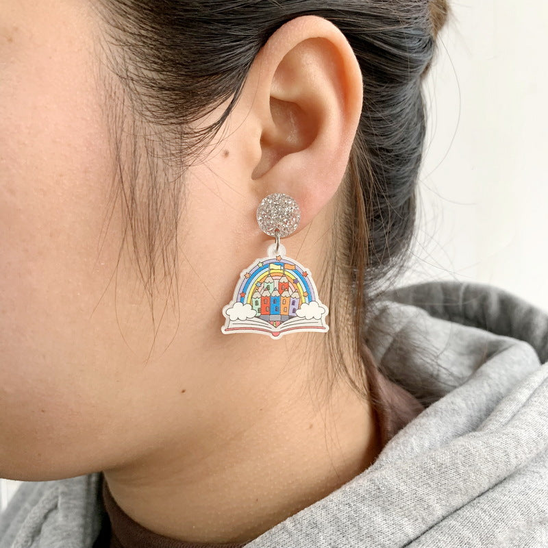 Wholesale Acrylic Printed Rainbow Book Color Crayon Castle Earrings