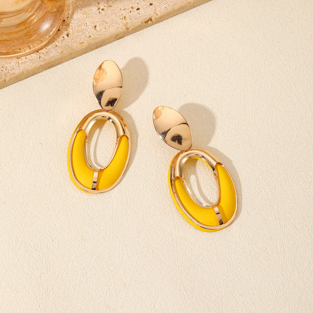 Wholesale Fashion Color Spray Paint Geometric Oval Hollow Double Layer Long Earrings