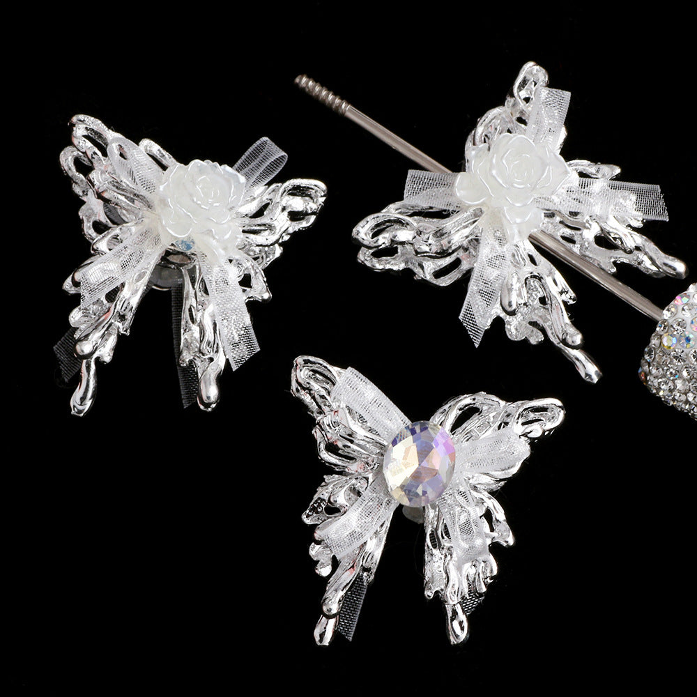 Wholesale 5pcs Alloy Lace Bow Butterfly  Straight Hole Crystal Beads