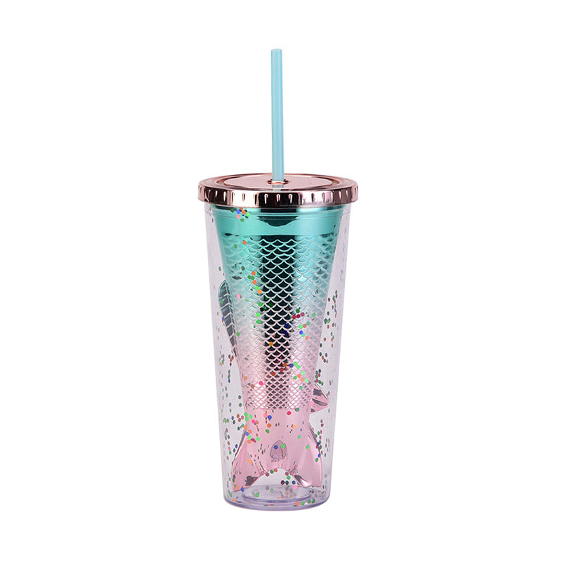Wholesale Double-layer Plastic Cup Creative Gradient Mermaid Tail Colorful Sequin Straw Water Cup