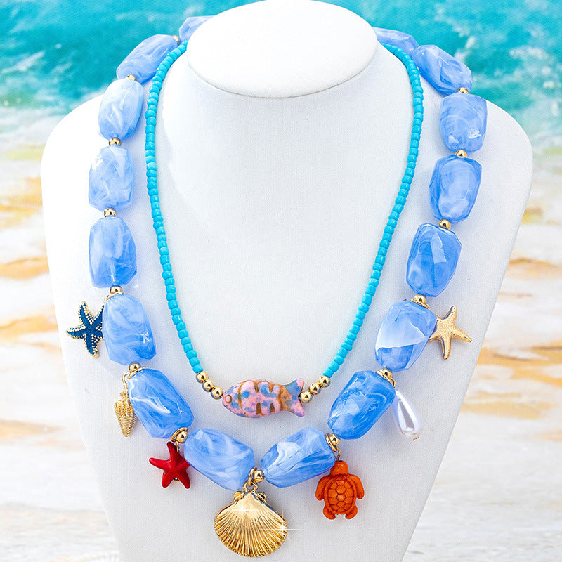 Wholesale Electroplated Alloy Ocean Vacation Style Beaded Necklace Starfish Shell Pendant Women Fashion Jewelry Gift