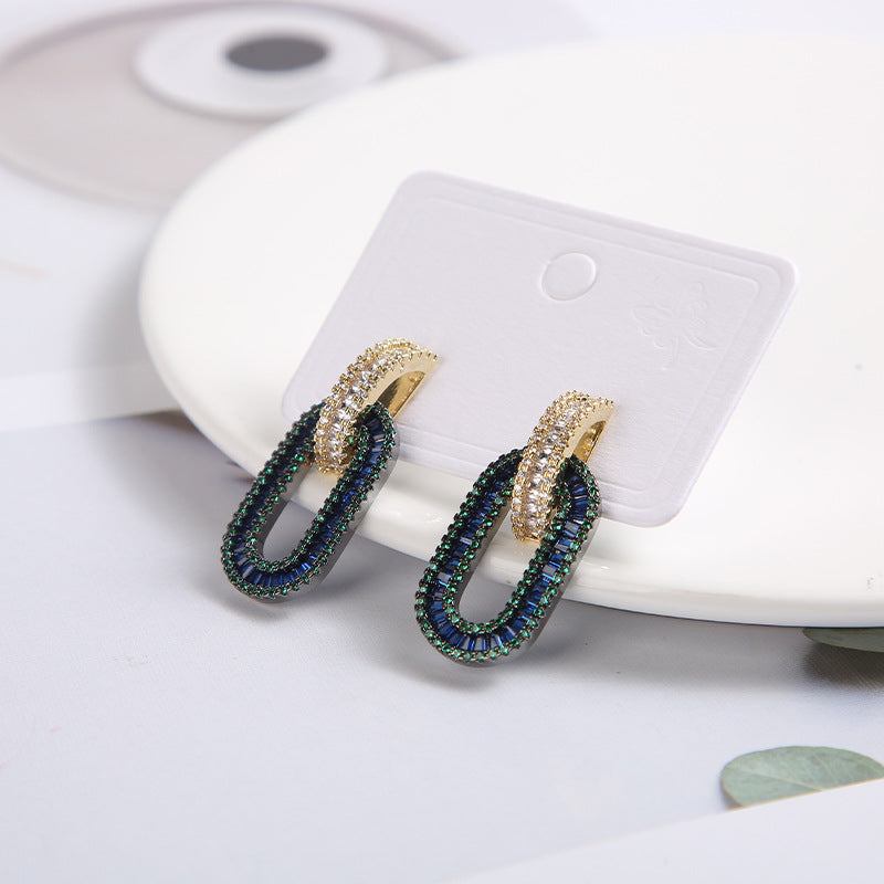 Wholesale fashion simple gorgeous romantic inlaid zircon Rhine blue oval earrings for women Valentine's Day gift