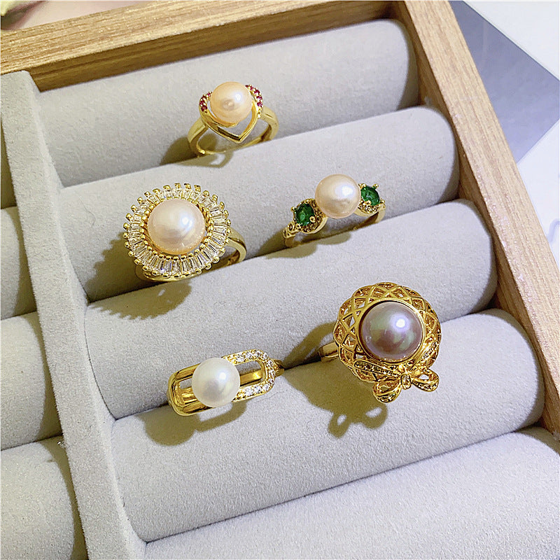 Wholesale 5PCS Natural Freshwater Pearl Zircon Micropaved Open Ring