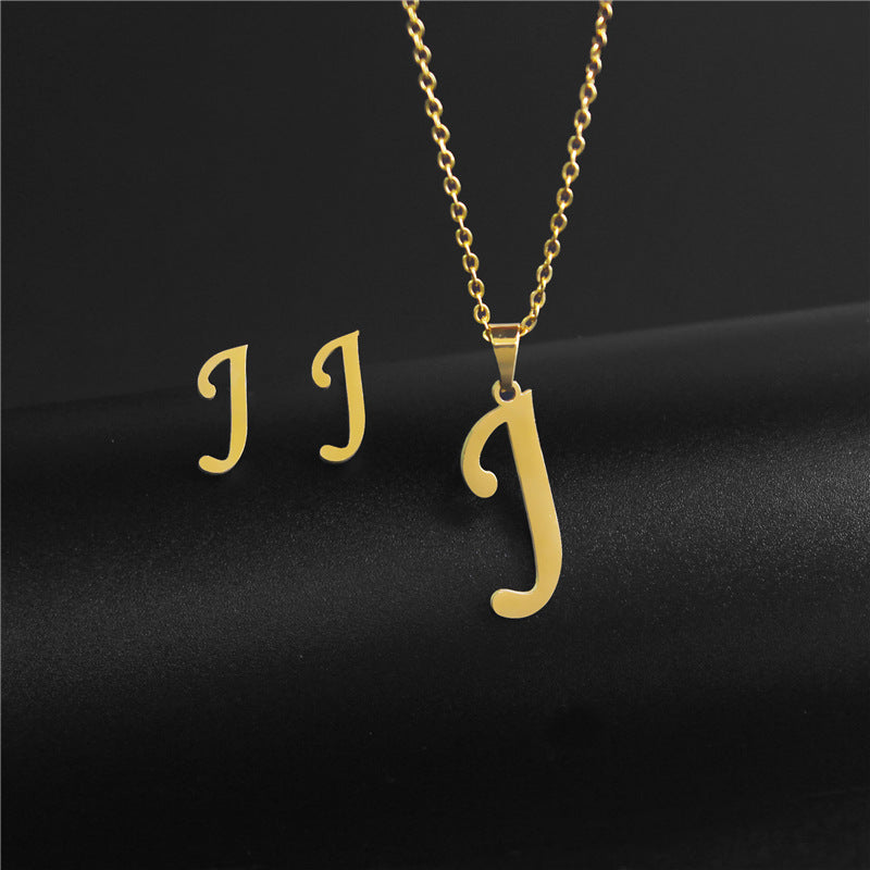 Wholesale Stainless Steel 26 Letter Necklace Earrings Two Piece Set