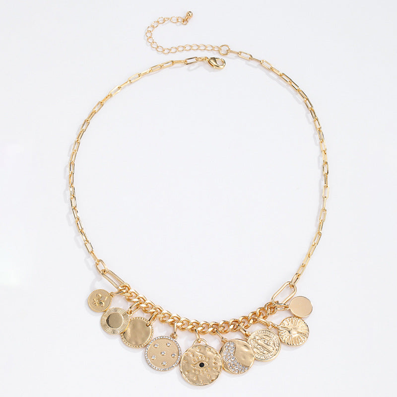 Wholesale Coin Inlaid Diamond Relief Alloy Necklaces