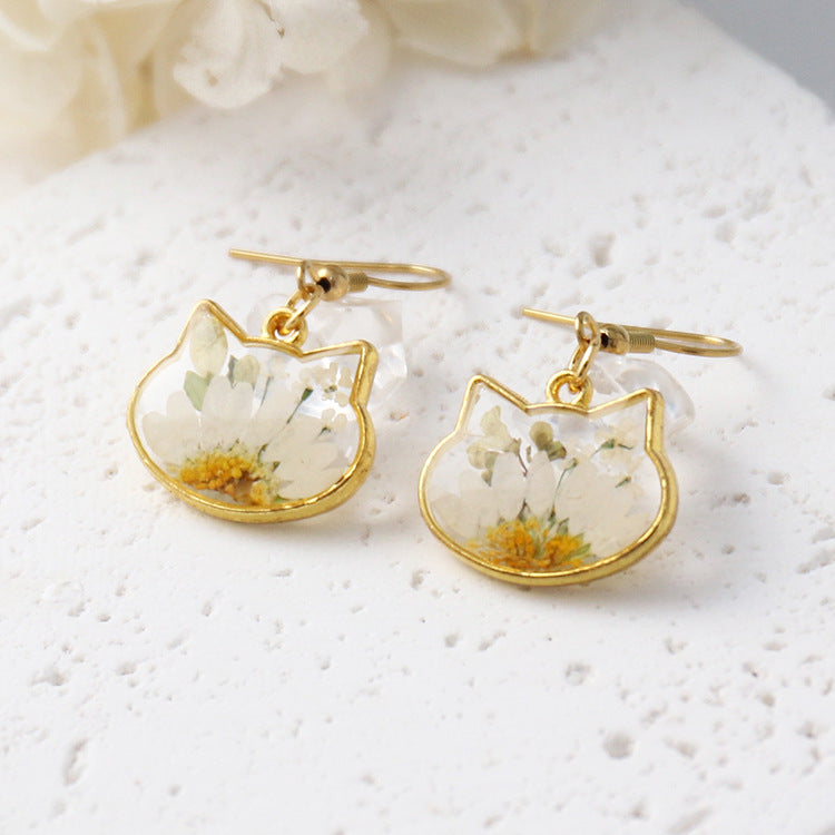 Wholesale New cat head flower earrings color real flower glue French earrings eternal flower jewelry cute gift