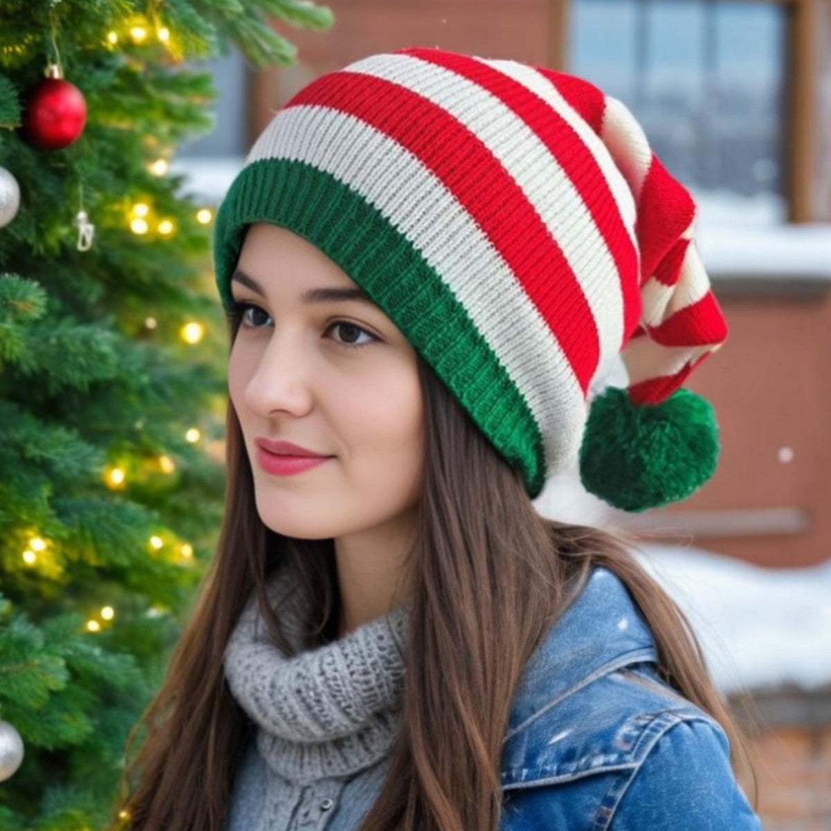 Wholesale Christmas Knitted  Winter Striped Pom-Pom Holiday Wool Hat