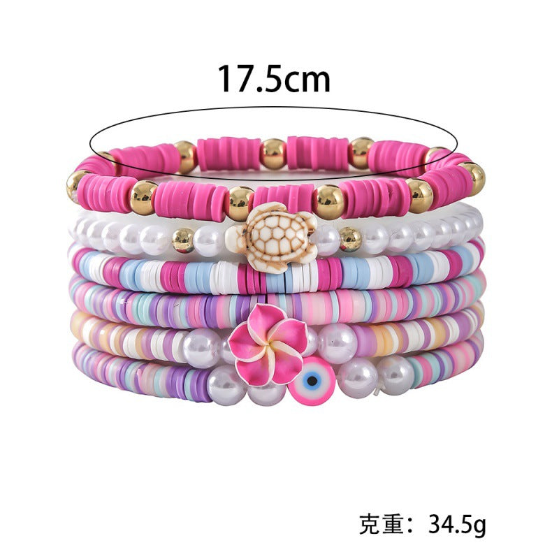 Wholesale College Style Colored Soft Clay Ocean Elements Five-petal Flower Shell Pendant Pearl Bracelet 6-piece Set