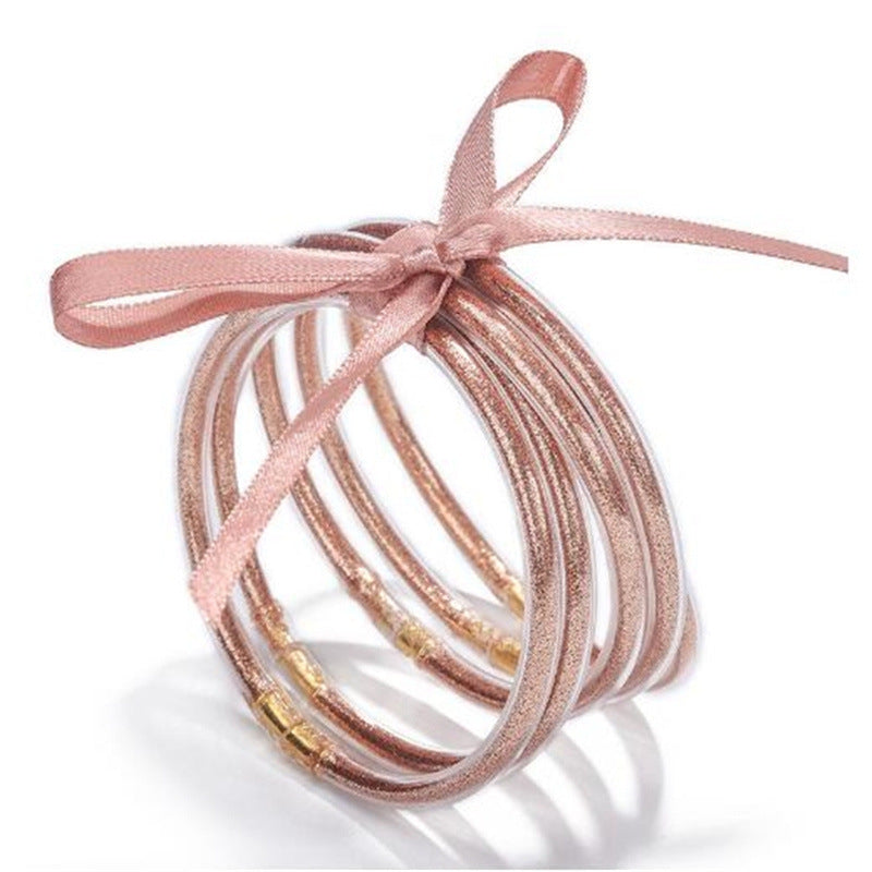 Wholesale Multi-layer silicone rainbow glitter bow bracelet