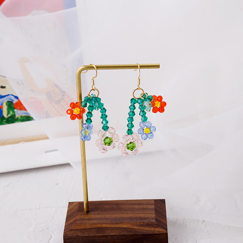 Wholesale Spring and summer colorful flower earrings handmade crystal beaded braided long earrings
