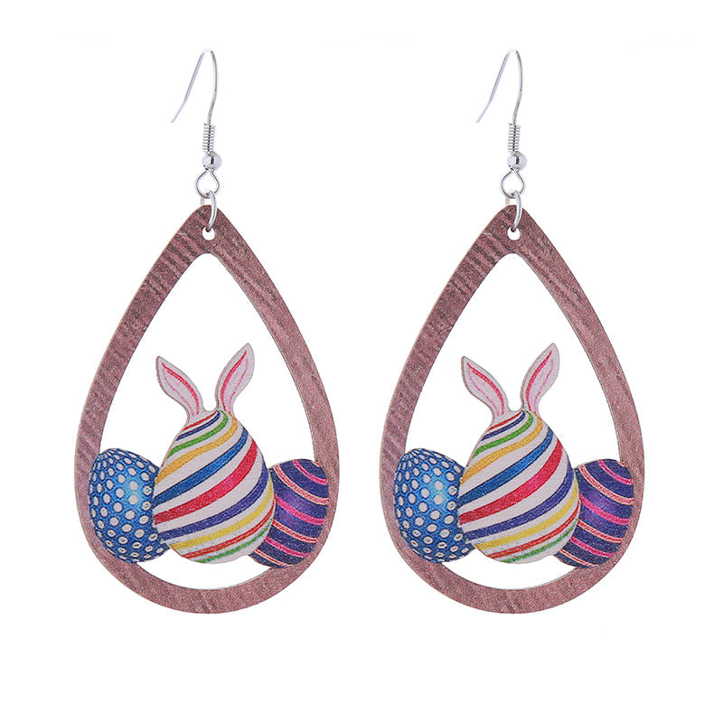 Wholesale Easter Bunny Flower Basket Printed Egg Wooden Earrings