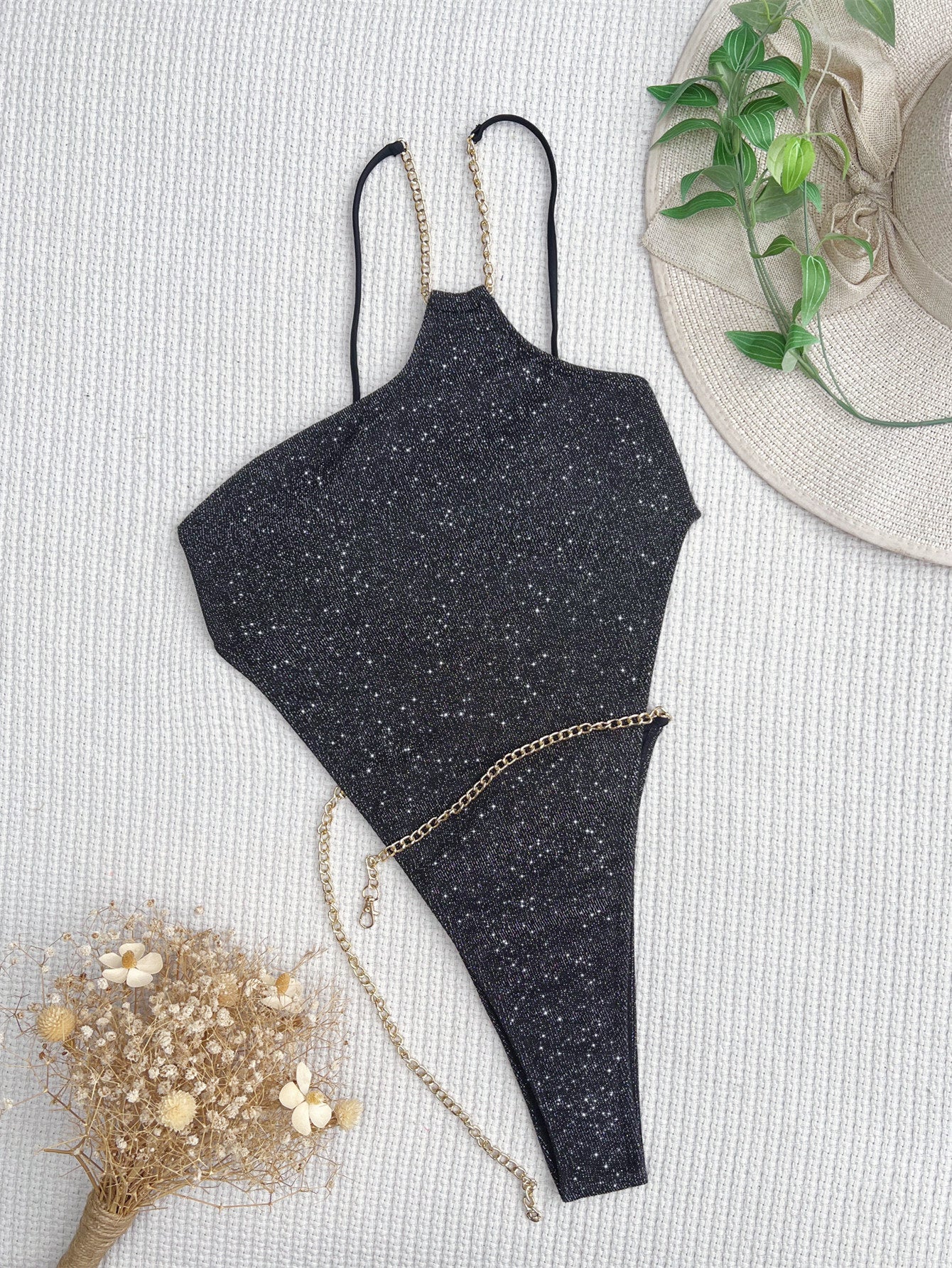 Wholesale One Piece Backless Glitter Solid Polyester Swimwear