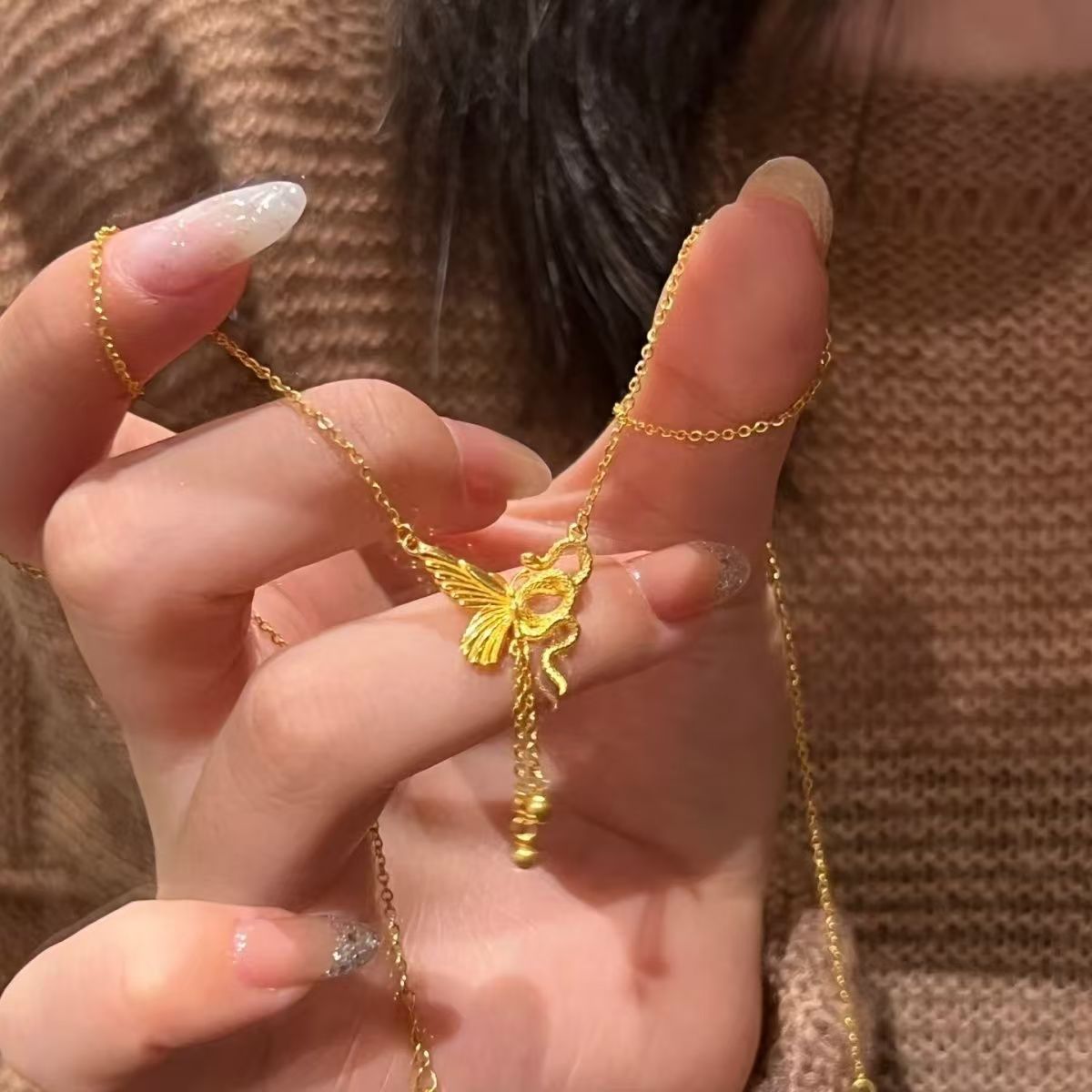 Wholesale Square Sugar White Diamond Bow Pink Diamond Titanium Steel Necklace